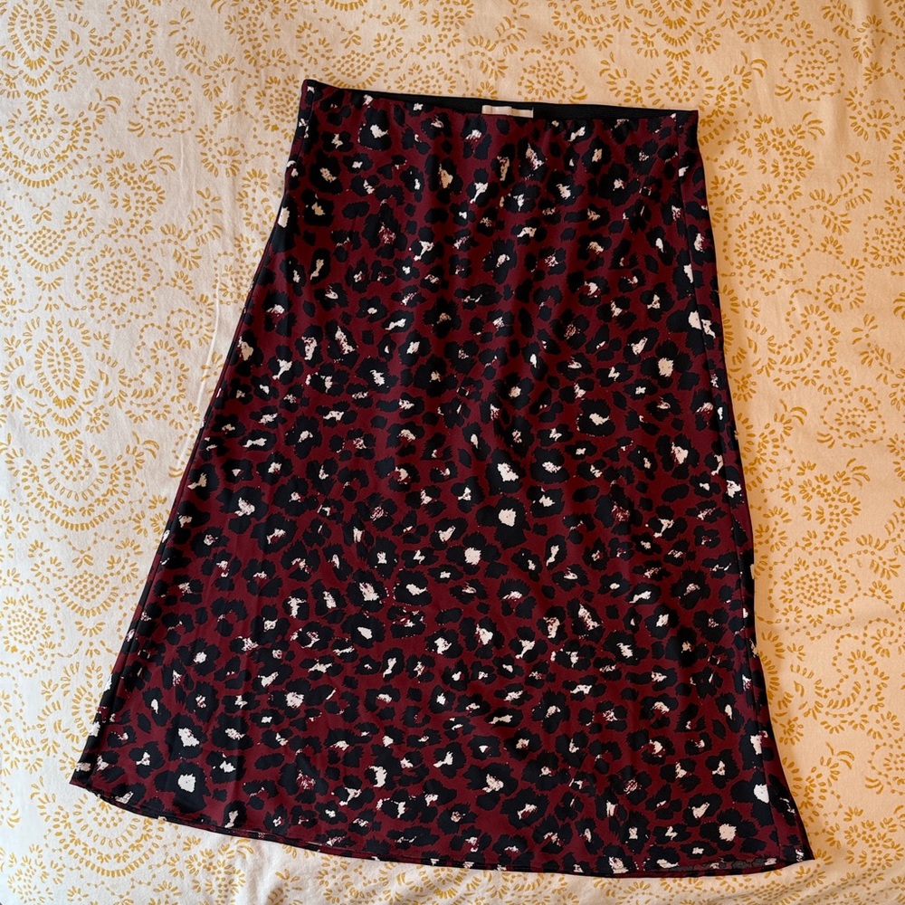 LOFT Burgundy Leopard A-Line Skirt with Black & White Spots
